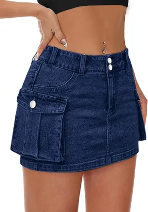 Low Waist Cargo Skirt Women Button Mini Cargo Denim Skirt with Pocket Mini Skirt