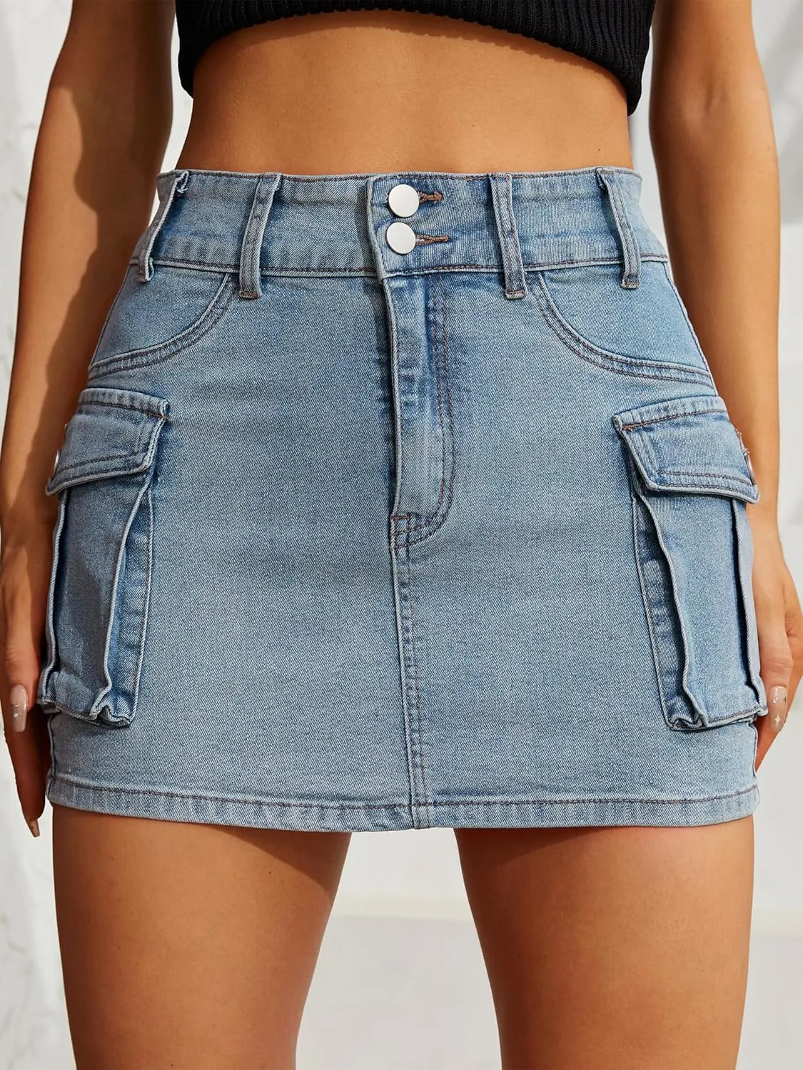 Low Waist Cargo Skirt Women Button Mini Cargo Denim Skirt with Pocket Mini Skirt