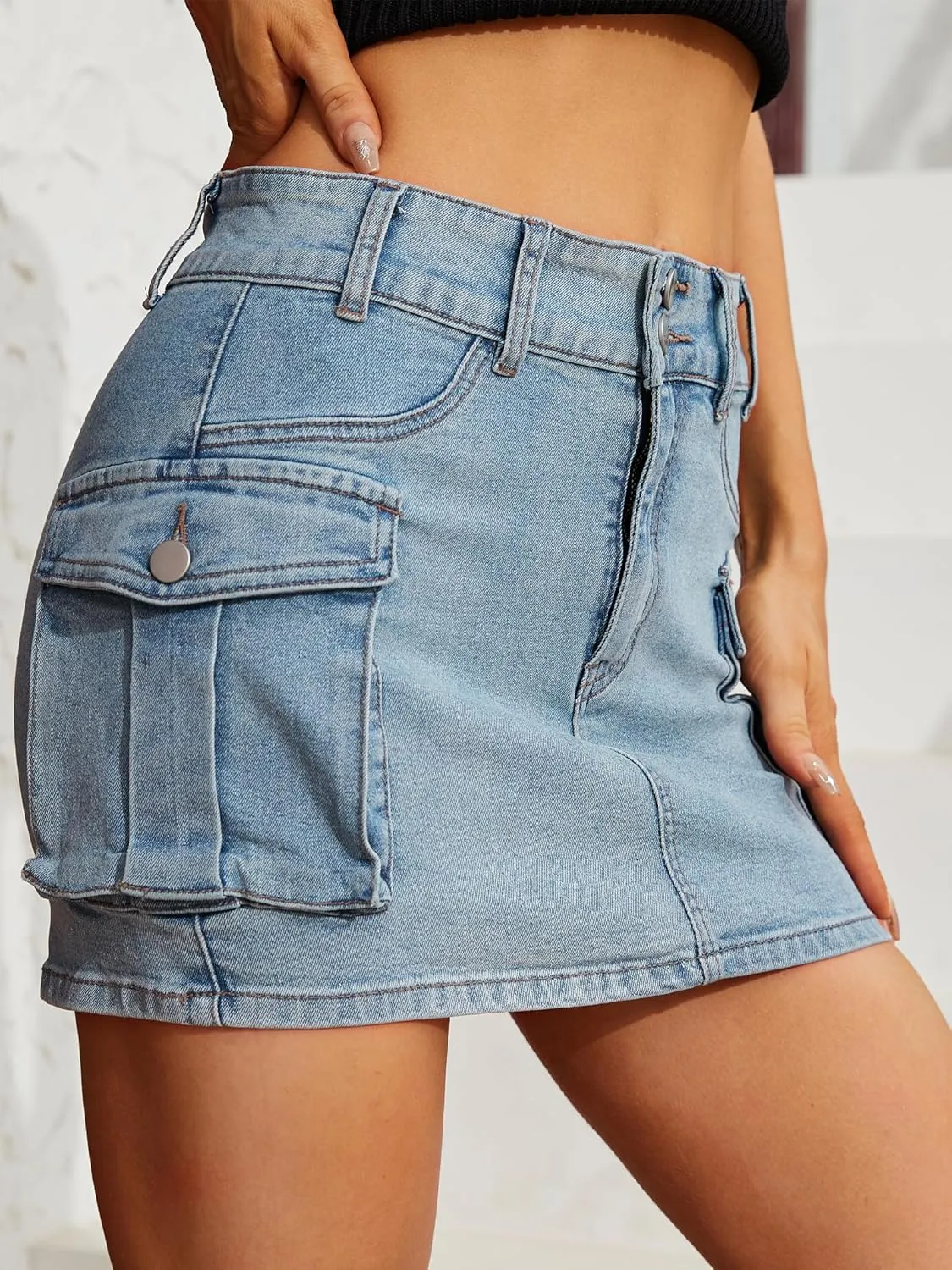 Low Waist Cargo Skirt Women Button Mini Cargo Denim Skirt with Pocket Mini Skirt