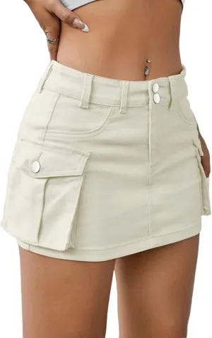 Low Waist Cargo Skirt Women Button Mini Cargo Denim Skirt with Pocket Mini Skirt