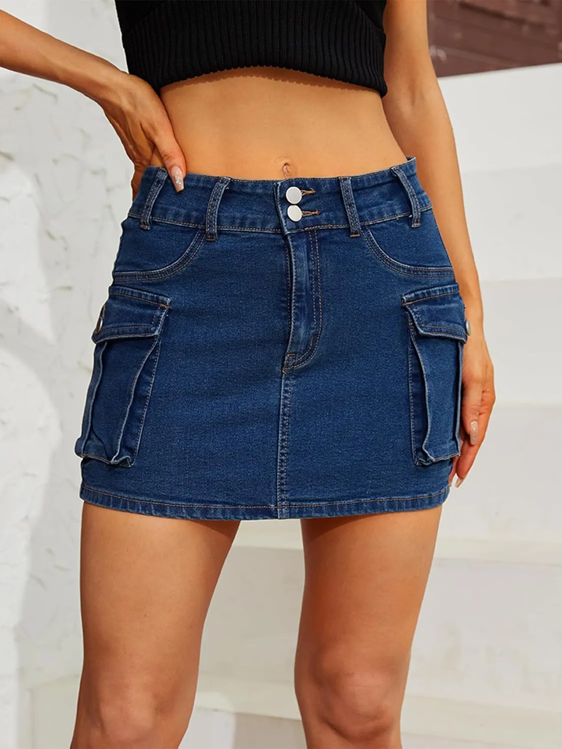 Low Waist Cargo Skirt Women Button Mini Cargo Denim Skirt with Pocket Mini Skirt