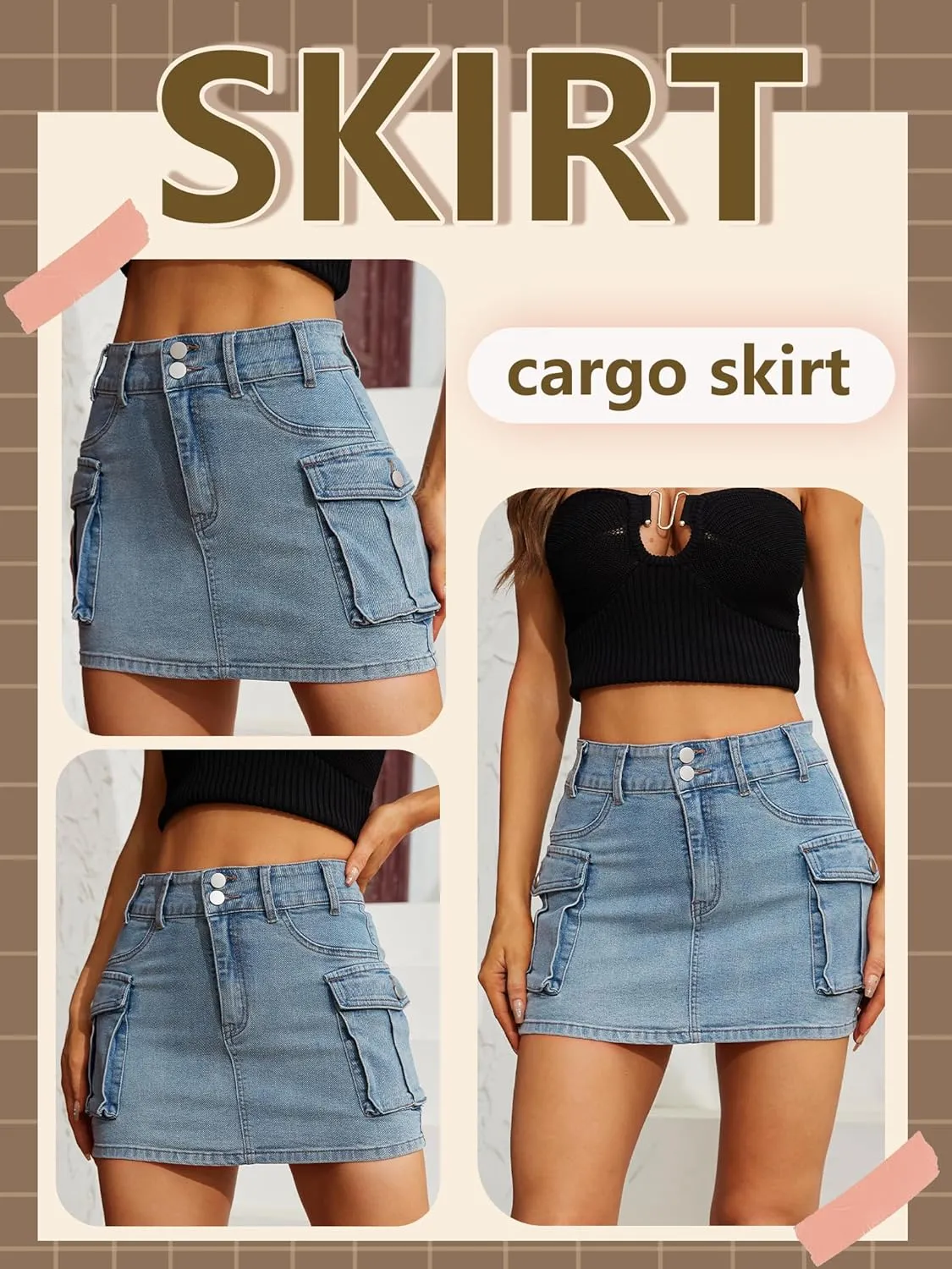 Low Waist Cargo Skirt Women Button Mini Cargo Denim Skirt with Pocket Mini Skirt