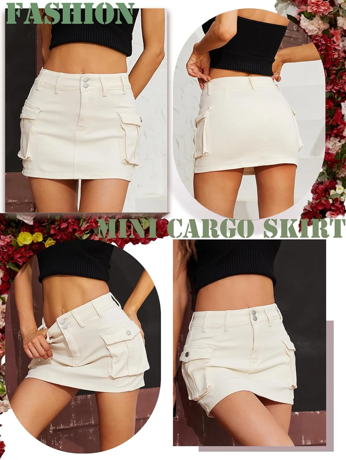 Low Waist Cargo Skirt Women Button Mini Cargo Denim Skirt with Pocket Mini Skirt