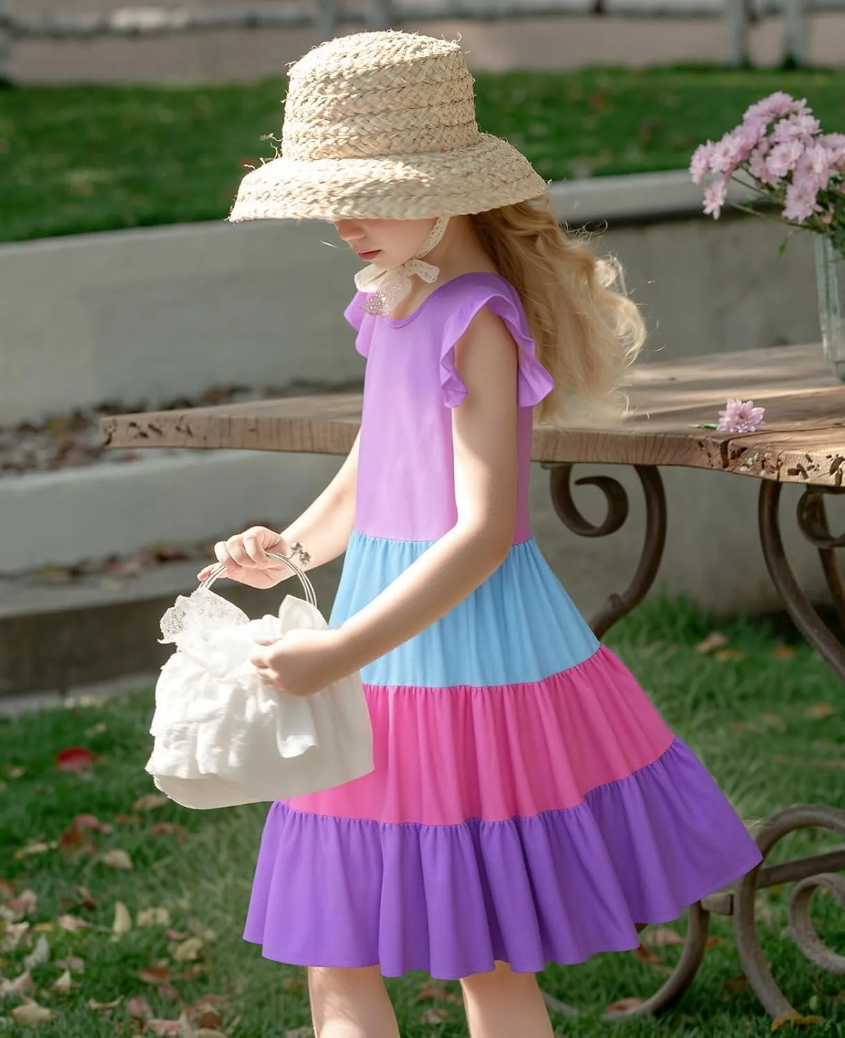 LQSZ Girls Summer Dresses with Ruffle Short Sleeve Midi Casual A-Line Twirly School Sundress Size 3-12 Years