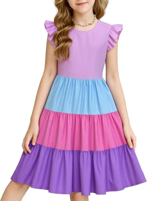 LQSZ Girls Summer Dresses with Ruffle Short Sleeve Midi Casual A-Line Twirly School Sundress Size 3-12 Years