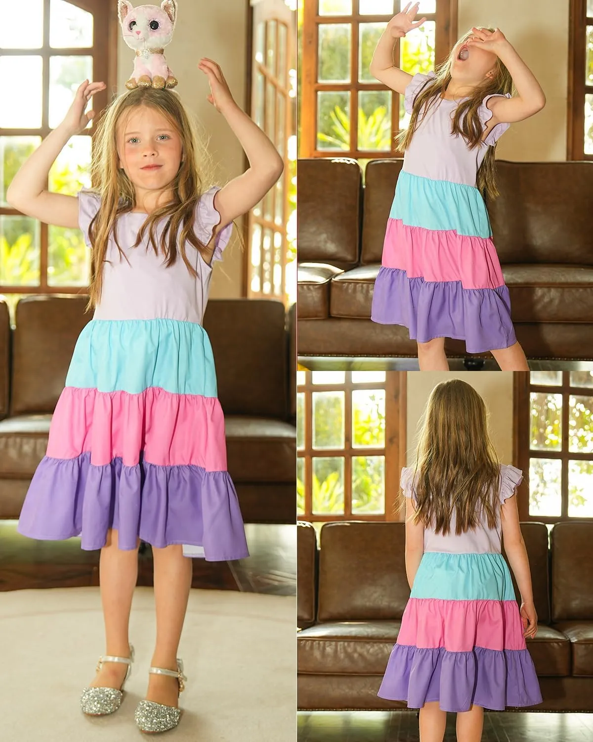 LQSZ Girls Summer Dresses with Ruffle Short Sleeve Midi Casual A-Line Twirly School Sundress Size 3-12 Years