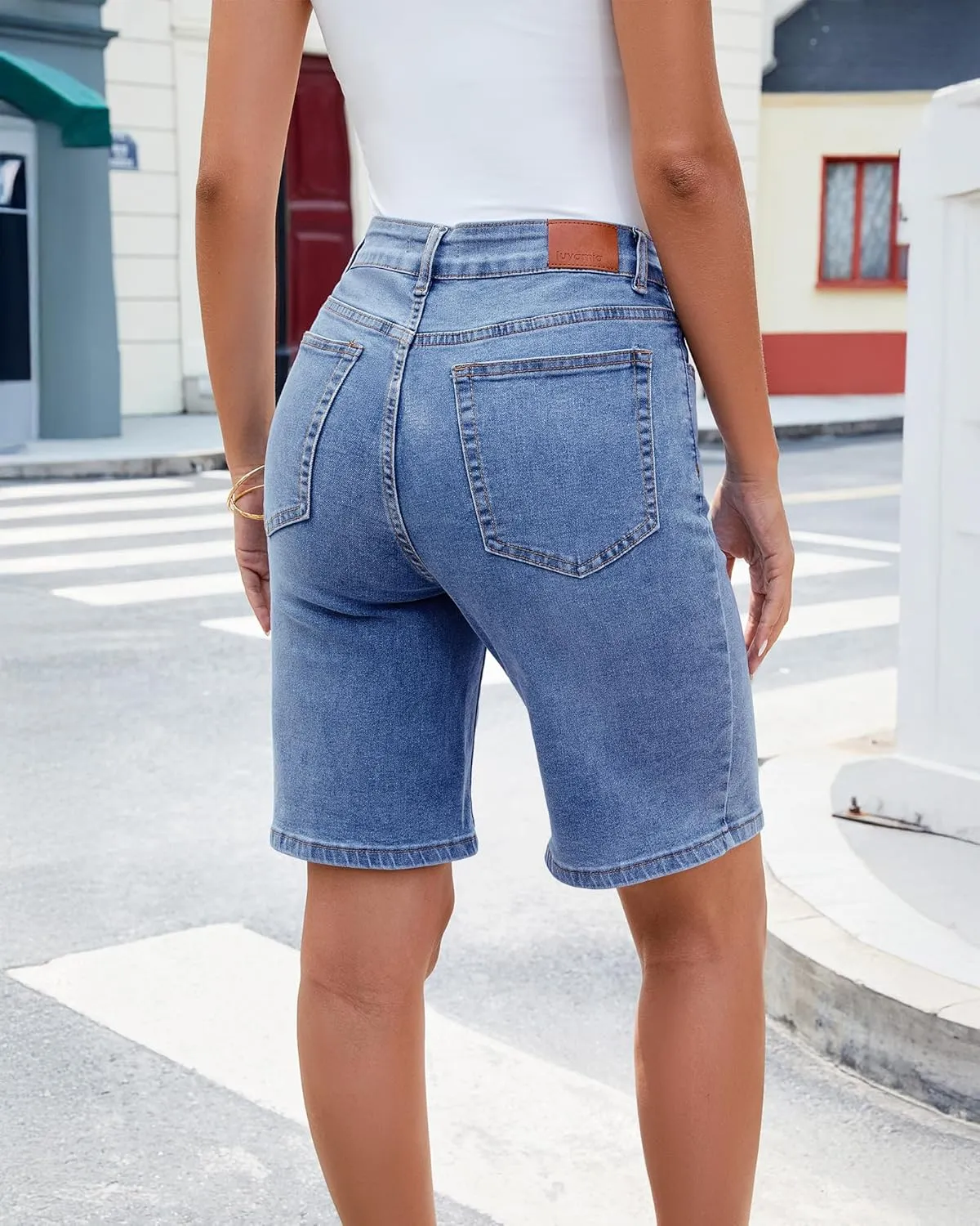luvamia Bermuda Jean Shorts for Women High Waisted Trendy Stretchy Denim Shorts Knee Length Cutoff Loose Fit Long Shorts