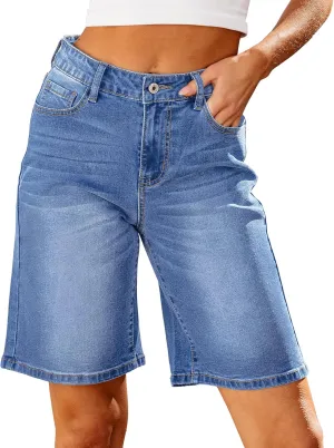 luvamia Bermuda Jean Shorts for Women High Waisted Trendy Stretchy Denim Shorts Knee Length Cutoff Loose Fit Long Shorts