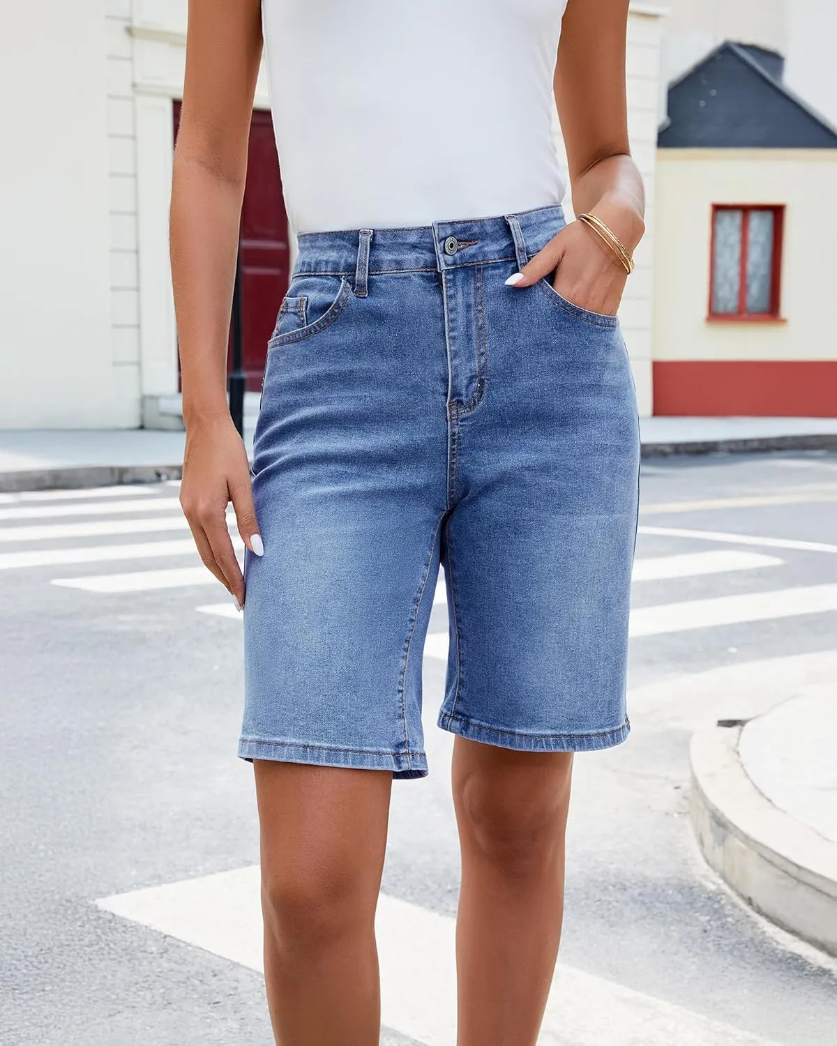 luvamia Bermuda Jean Shorts for Women High Waisted Trendy Stretchy Denim Shorts Knee Length Cutoff Loose Fit Long Shorts