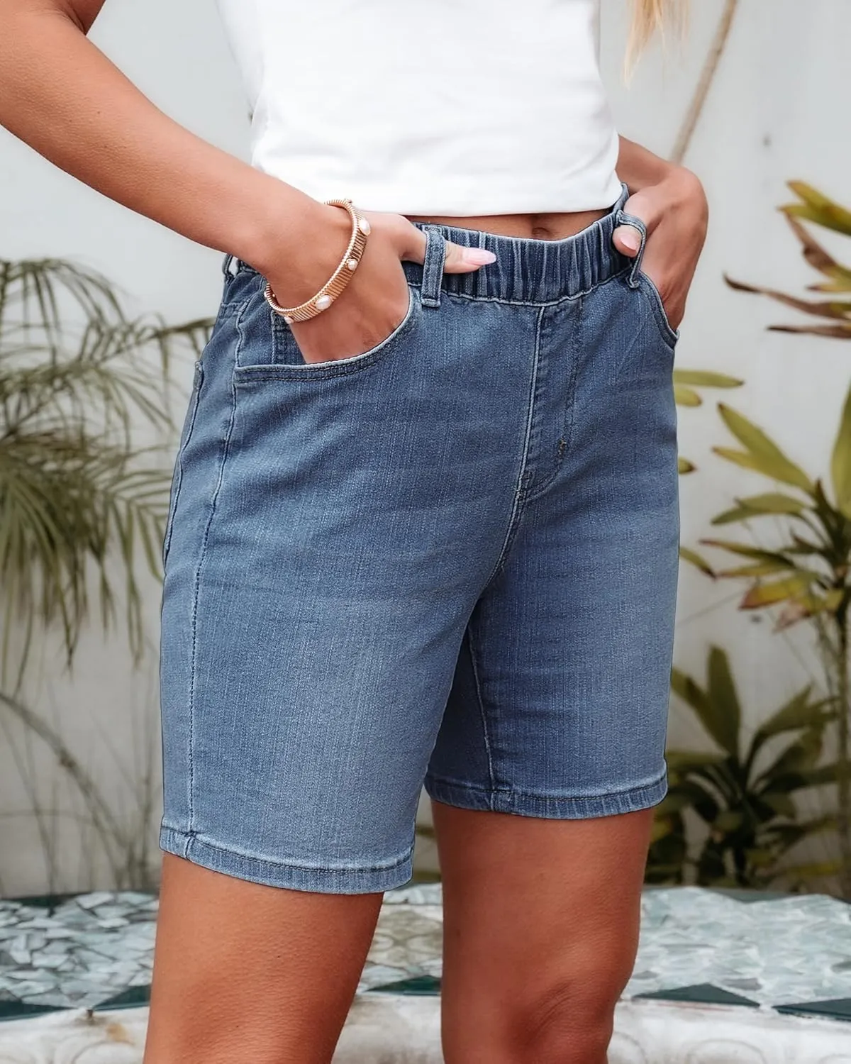luvamia Jean Shorts for Women Trendy Pull On Mid Rise Elastic Waist Summer Casual Stretchy Long Denim Walking Shorts