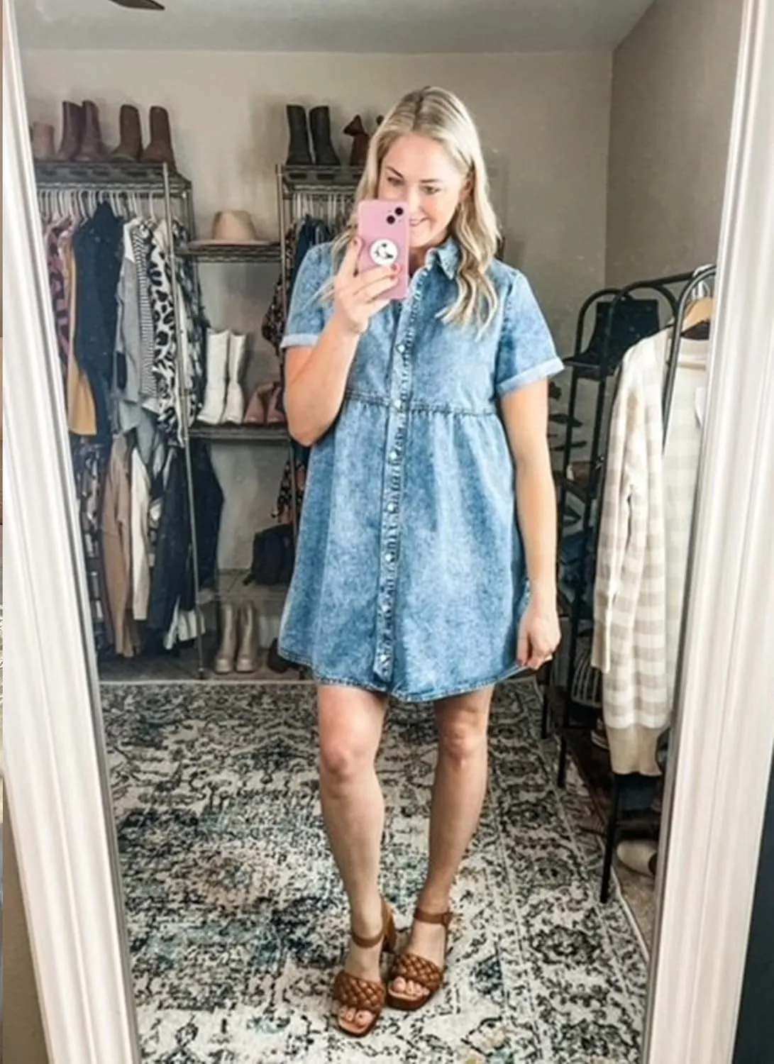 luvamia Women's Casual Short Sleeve Button Down Tiered Denim Babydoll Jean Dress