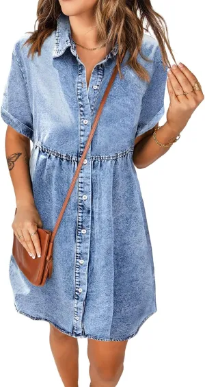 luvamia Women's Casual Short Sleeve Button Down Tiered Denim Babydoll Jean Dress