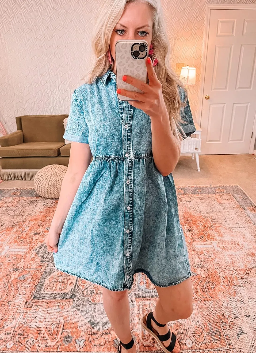 luvamia Women's Casual Short Sleeve Button Down Tiered Denim Babydoll Jean Dress