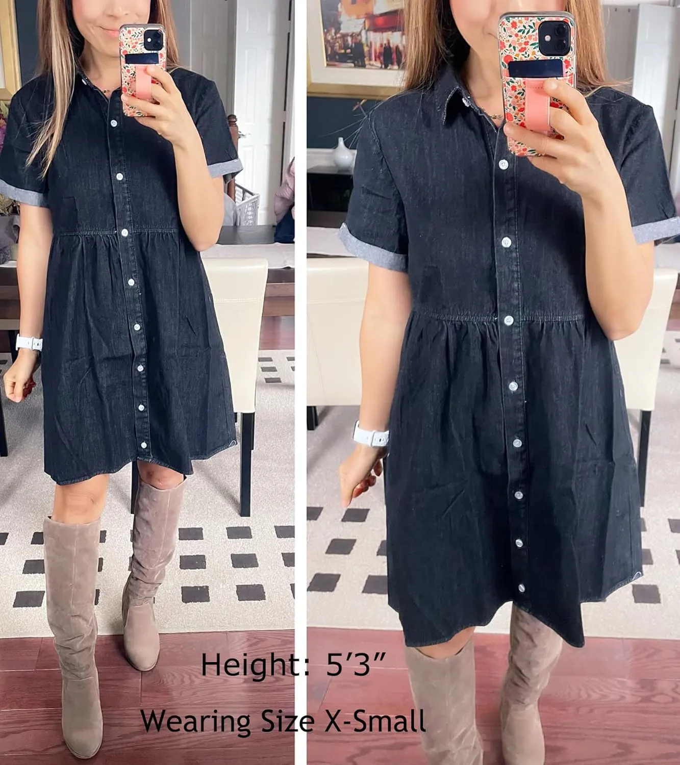 luvamia Women's Casual Short Sleeve Button Down Tiered Denim Babydoll Jean Dress
