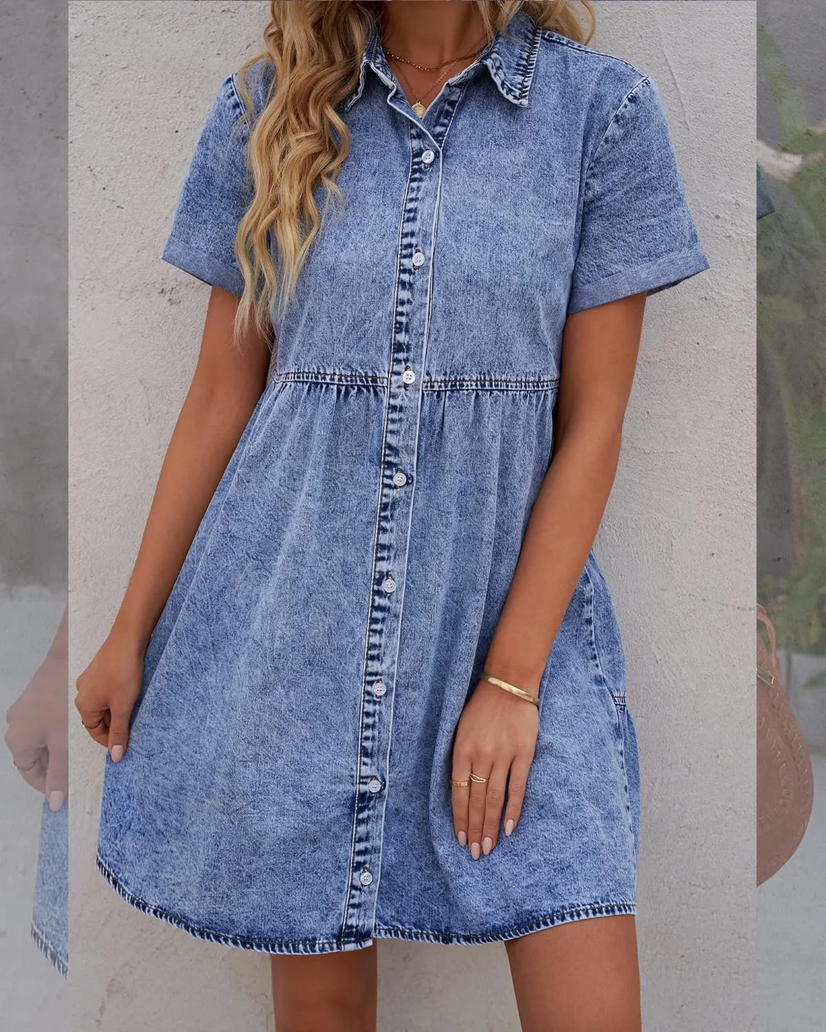 luvamia Women's Casual Short Sleeve Button Down Tiered Denim Babydoll Jean Dress