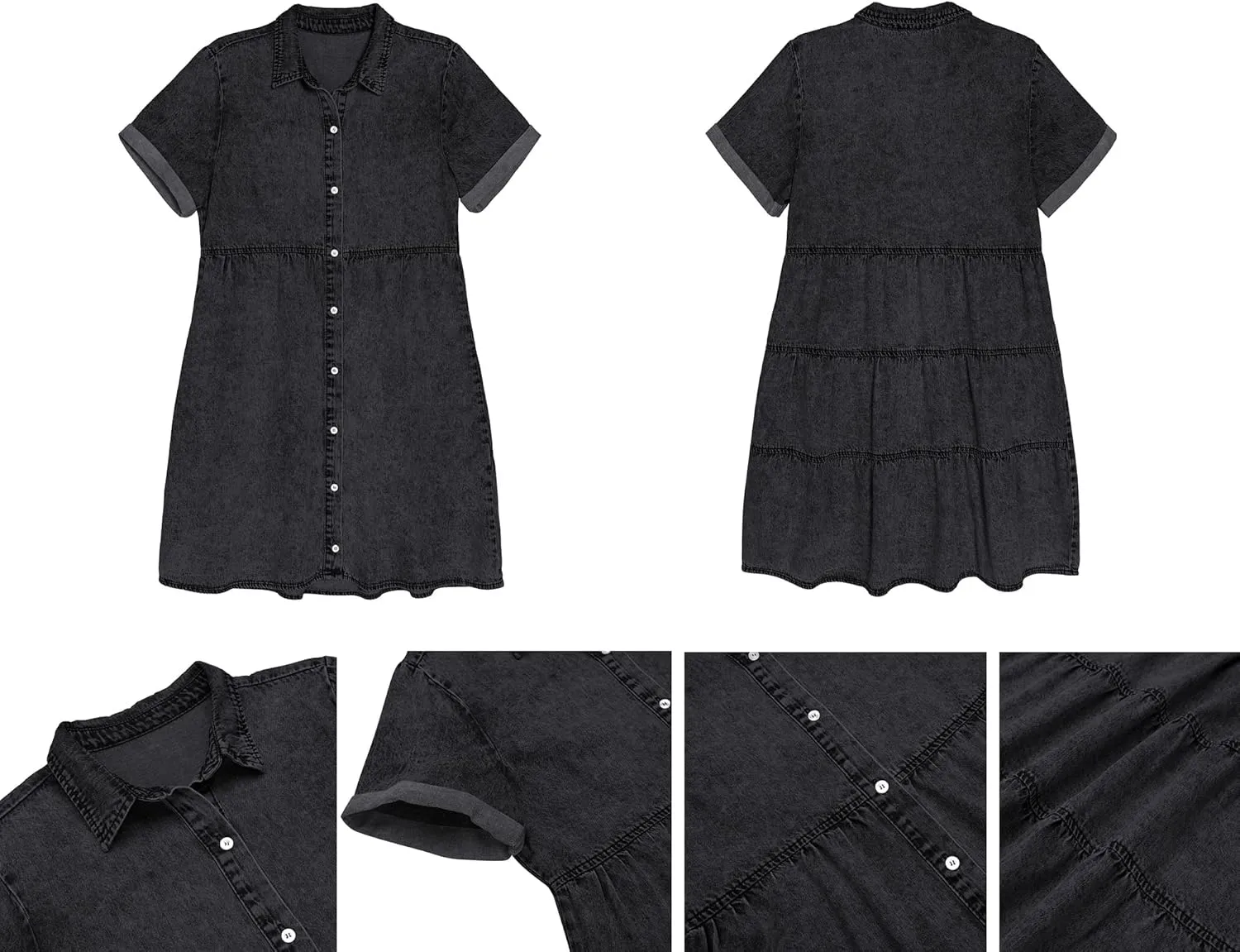 luvamia Women's Casual Short Sleeve Button Down Tiered Denim Babydoll Jean Dress