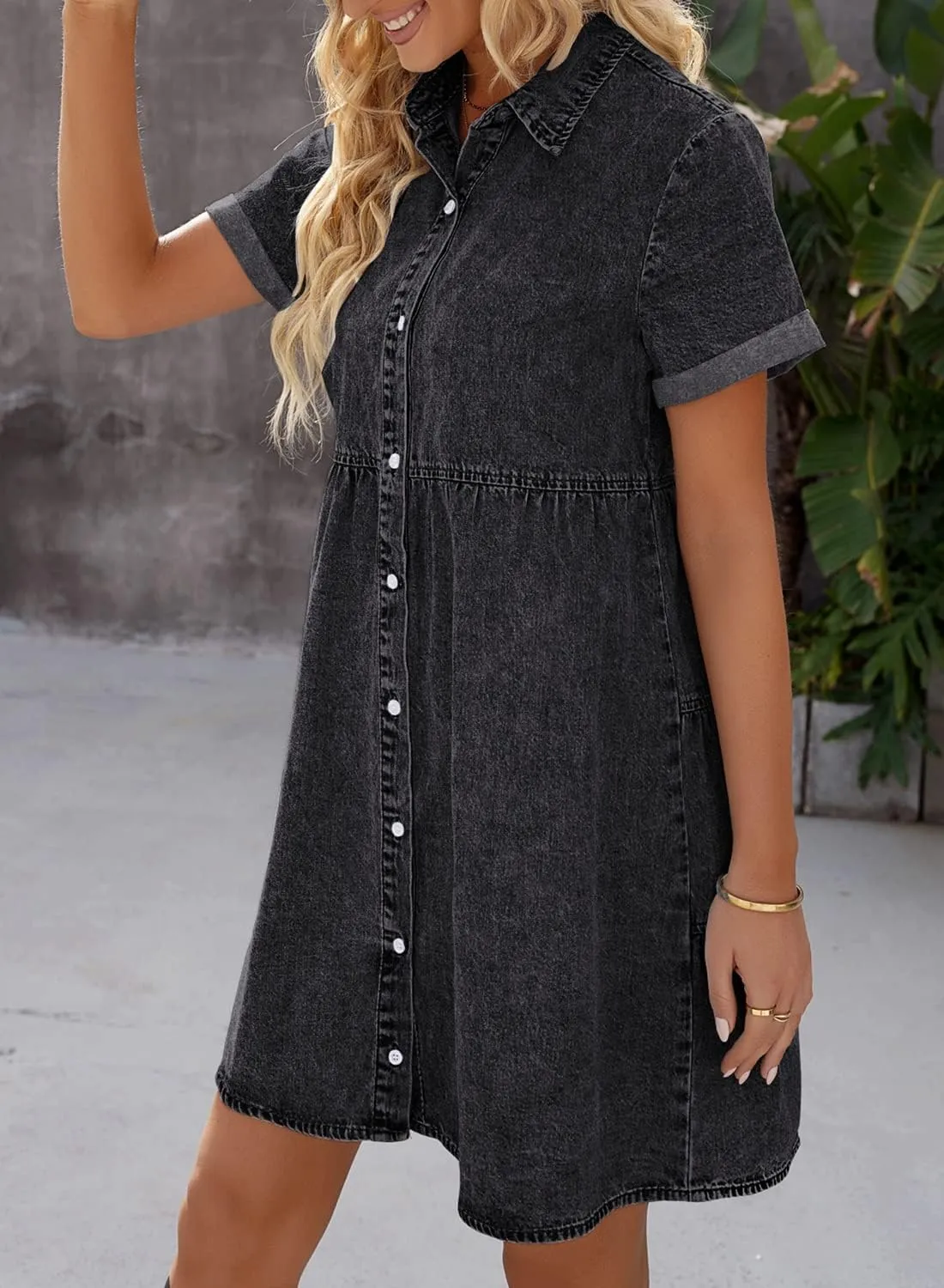 luvamia Women's Casual Short Sleeve Button Down Tiered Denim Babydoll Jean Dress