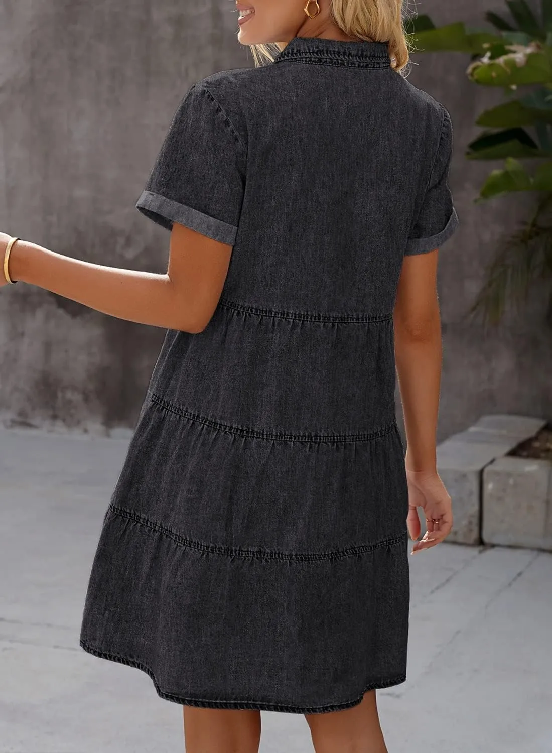 luvamia Women's Casual Short Sleeve Button Down Tiered Denim Babydoll Jean Dress
