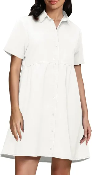 luvamia Women's Casual Short Sleeve Button Down Tiered Denim Babydoll Jean Dress