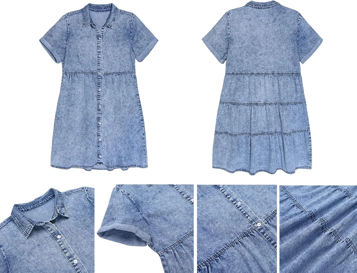 luvamia Women's Casual Short Sleeve Button Down Tiered Denim Babydoll Jean Dress