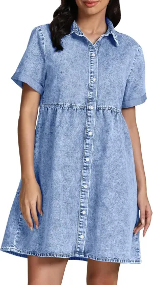 luvamia Women's Casual Short Sleeve Button Down Tiered Denim Babydoll Jean Dress