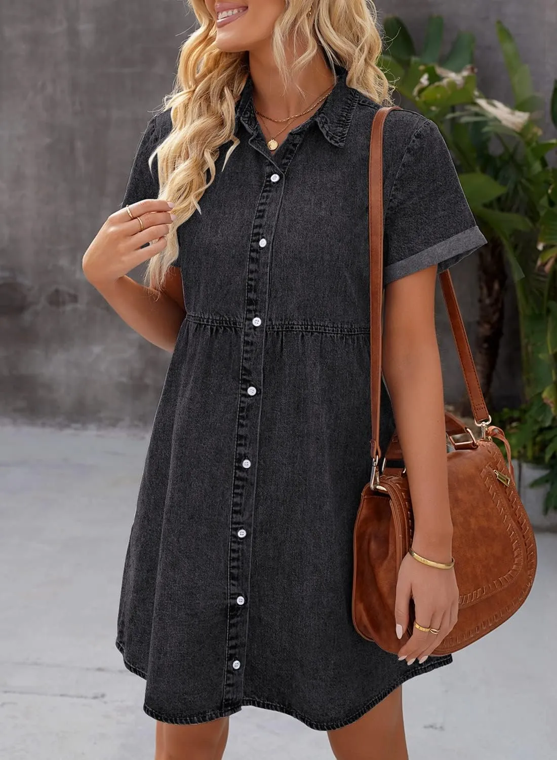 luvamia Women's Casual Short Sleeve Button Down Tiered Denim Babydoll Jean Dress