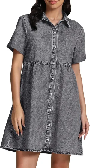luvamia Women's Casual Short Sleeve Button Down Tiered Denim Babydoll Jean Dress