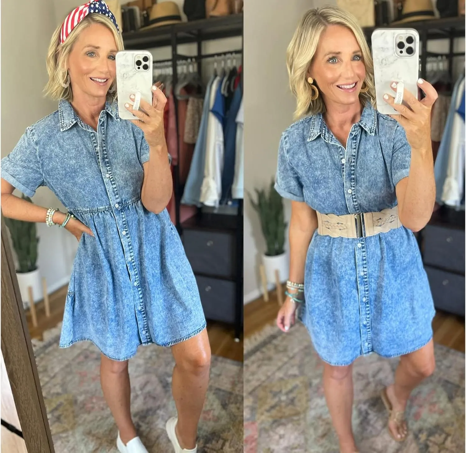luvamia Women's Casual Short Sleeve Button Down Tiered Denim Babydoll Jean Dress