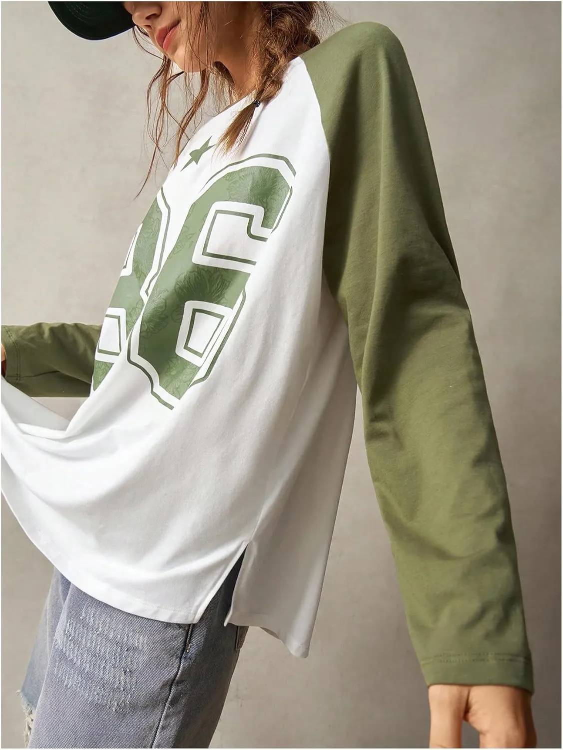 MakeMeChic Women's Graphic Color Block T Shirt Long Sleeve Crew Neck Y2k Oversized Tee Tops