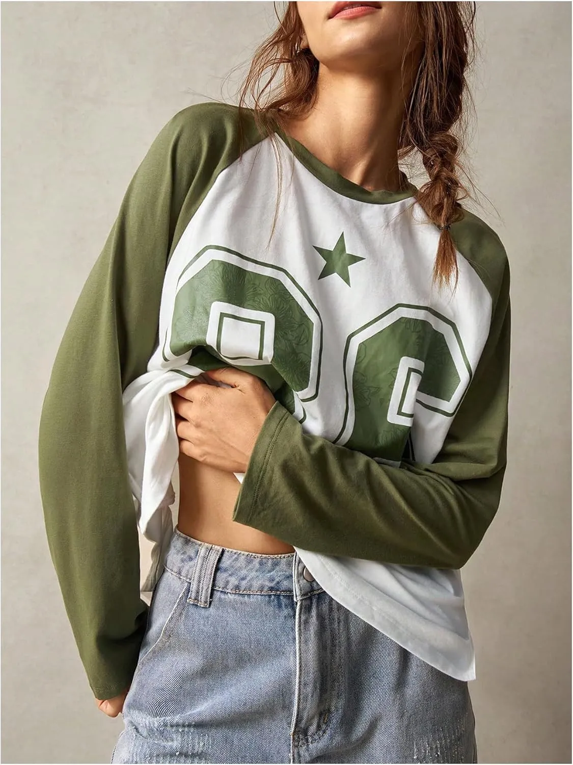 MakeMeChic Women's Graphic Color Block T Shirt Long Sleeve Crew Neck Y2k Oversized Tee Tops