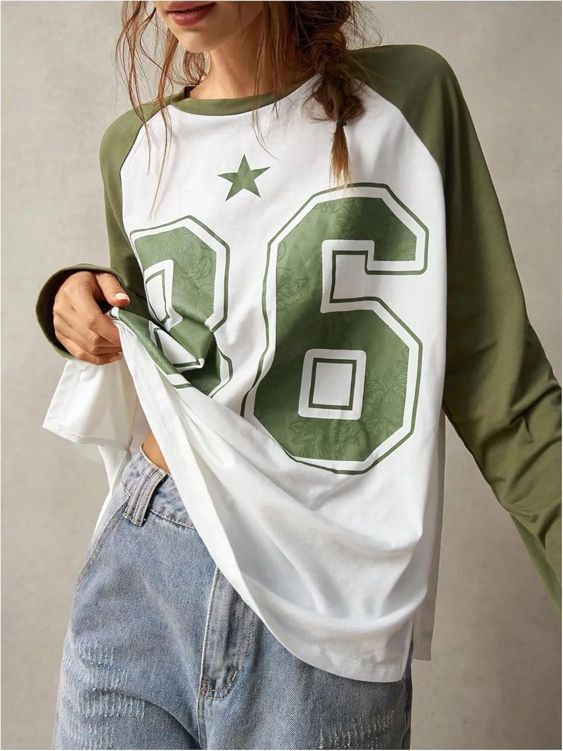 MakeMeChic Women's Graphic Color Block T Shirt Long Sleeve Crew Neck Y2k Oversized Tee Tops