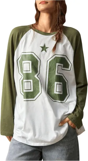 MakeMeChic Women's Graphic Color Block T Shirt Long Sleeve Crew Neck Y2k Oversized Tee Tops