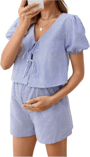 MakeMeChic Women's Maternity 2 Piece Pajamas Set Striped V Neck Tie Puff Sleeve Shirt and Shorts Pregnancy Lounge Set