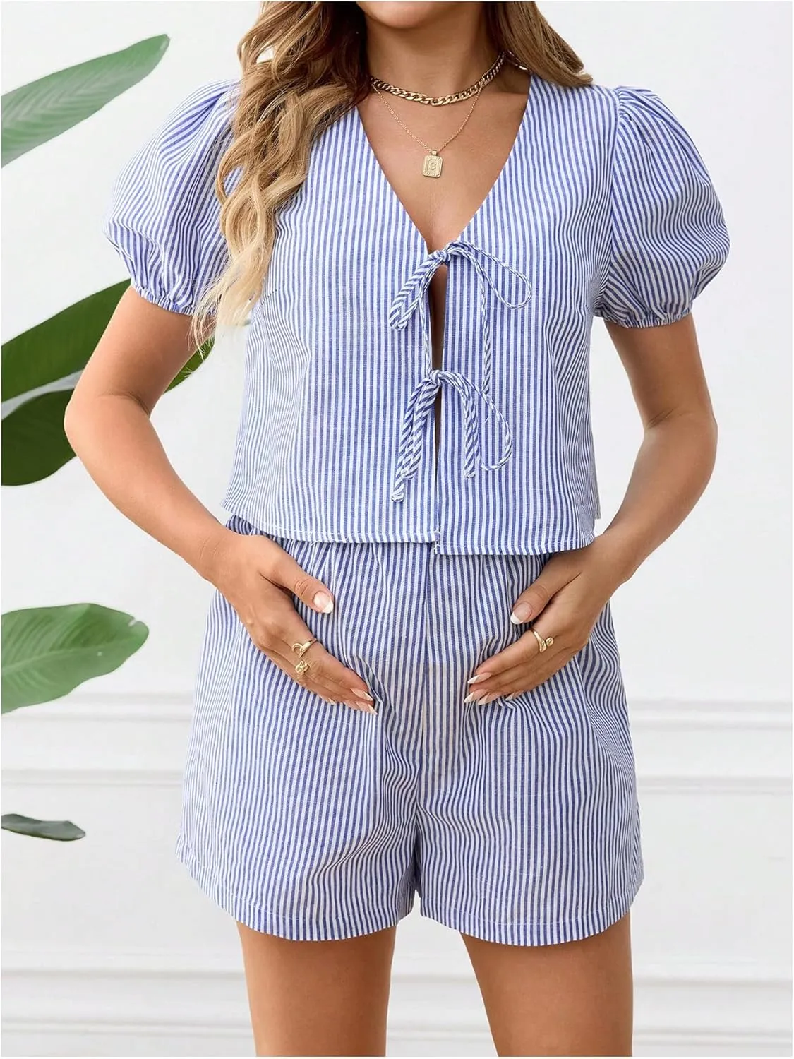 MakeMeChic Women's Maternity 2 Piece Pajamas Set Striped V Neck Tie Puff Sleeve Shirt and Shorts Pregnancy Lounge Set