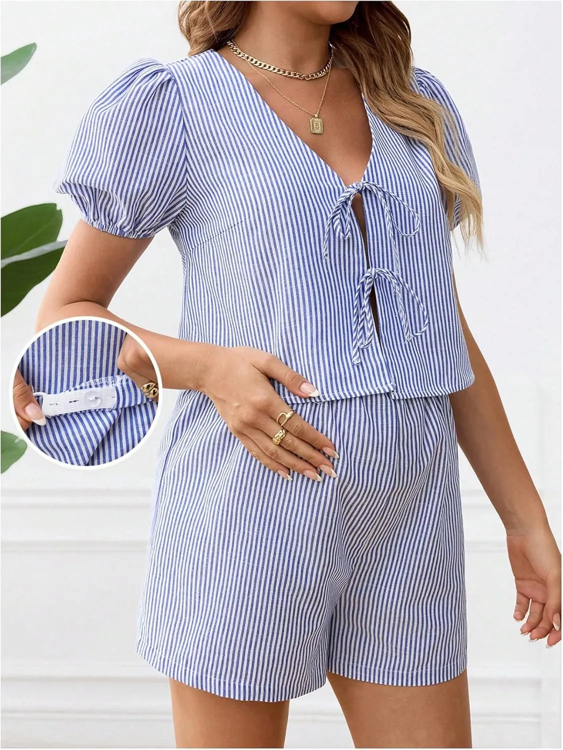MakeMeChic Women's Maternity 2 Piece Pajamas Set Striped V Neck Tie Puff Sleeve Shirt and Shorts Pregnancy Lounge Set