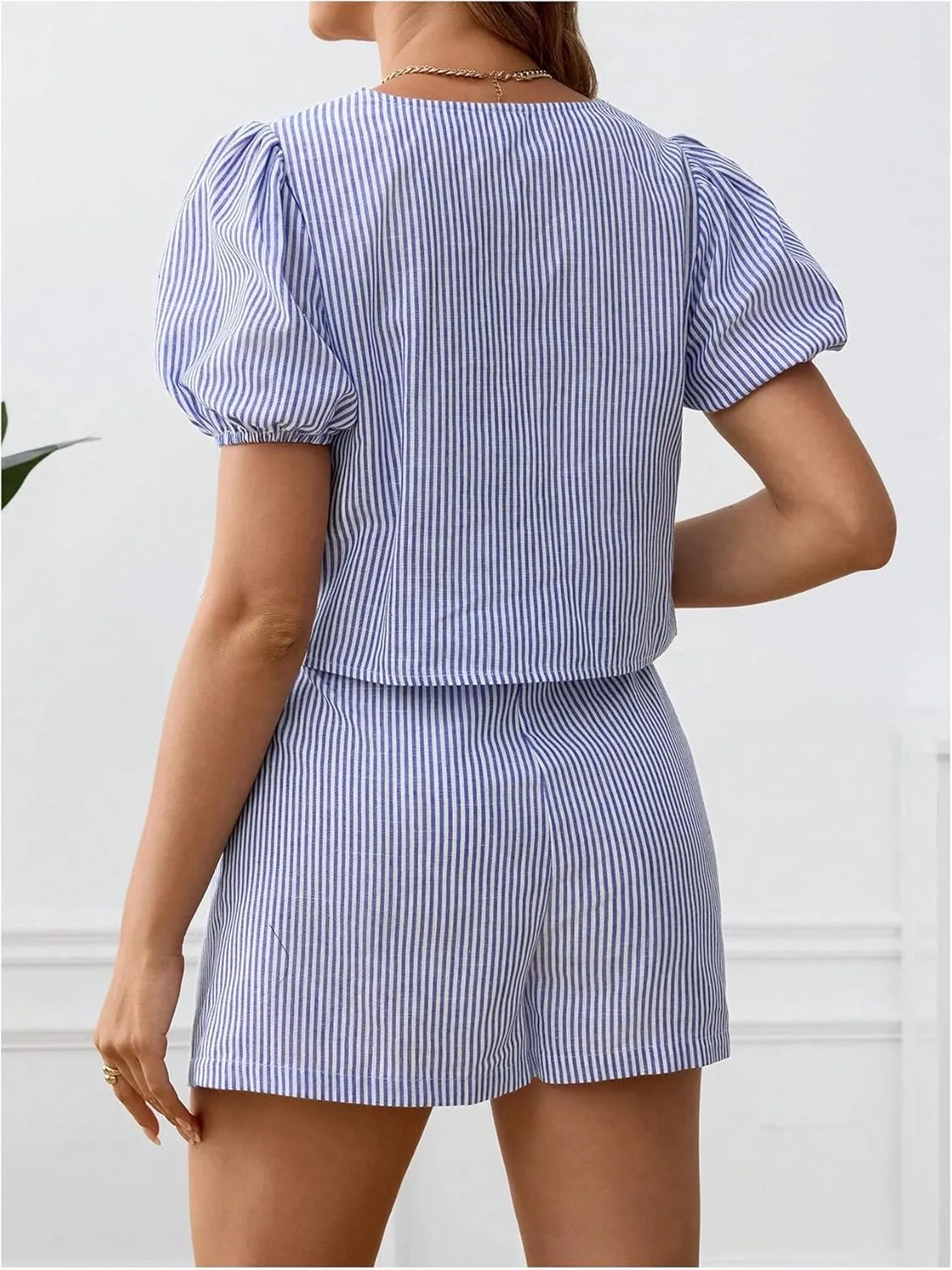 MakeMeChic Women's Maternity 2 Piece Pajamas Set Striped V Neck Tie Puff Sleeve Shirt and Shorts Pregnancy Lounge Set