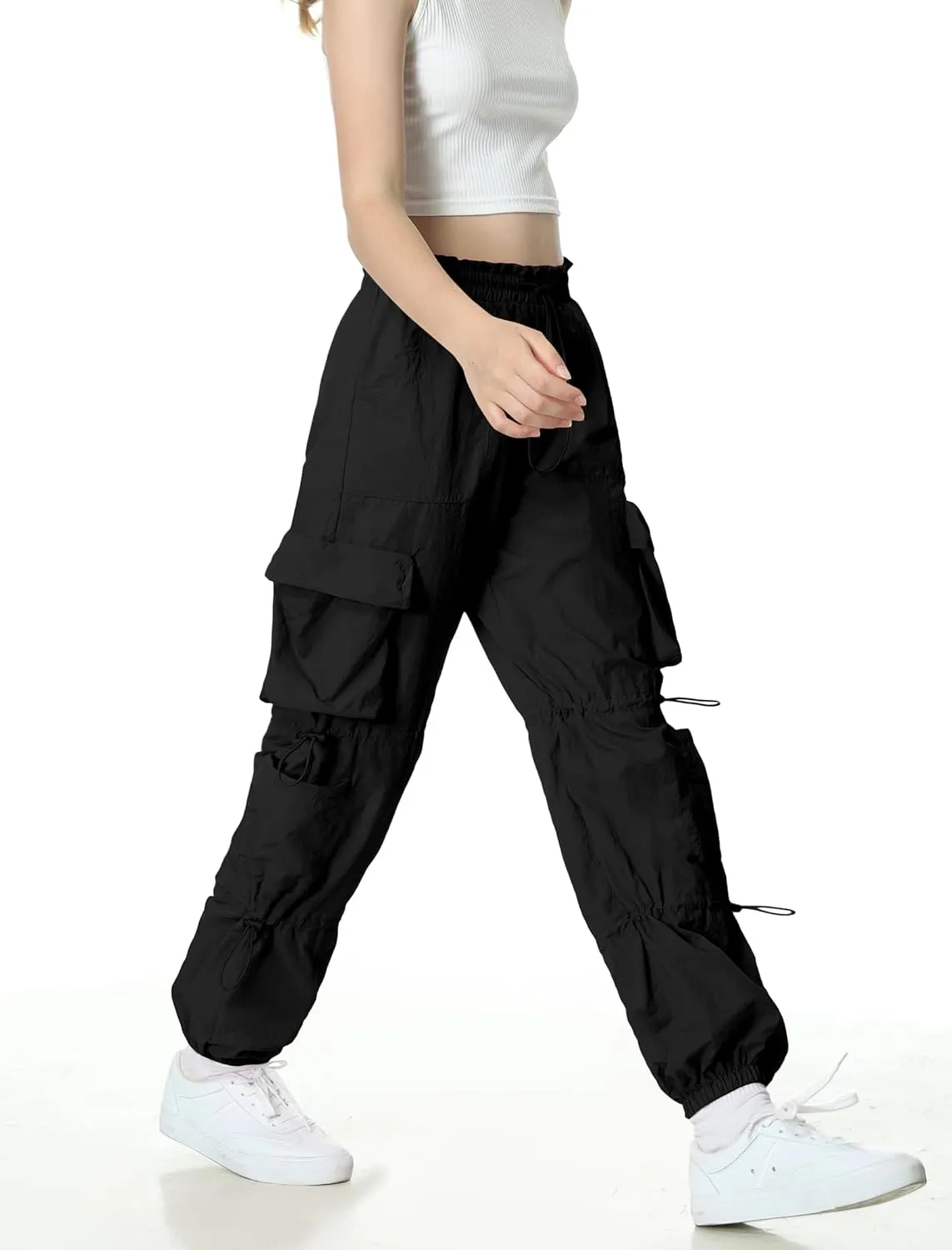 Mebius Girls Parachute Pants Baggy Cargo Hiking Joggers Hip Hop Dance with Pockets Trousers for Kids 8-14Y