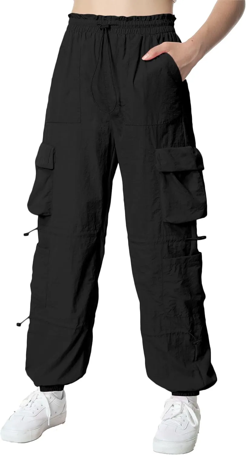 Mebius Girls Parachute Pants Baggy Cargo Hiking Joggers Hip Hop Dance with Pockets Trousers for Kids 8-14Y