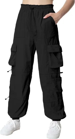 Mebius Girls Parachute Pants Baggy Cargo Hiking Joggers Hip Hop Dance with Pockets Trousers for Kids 8-14Y