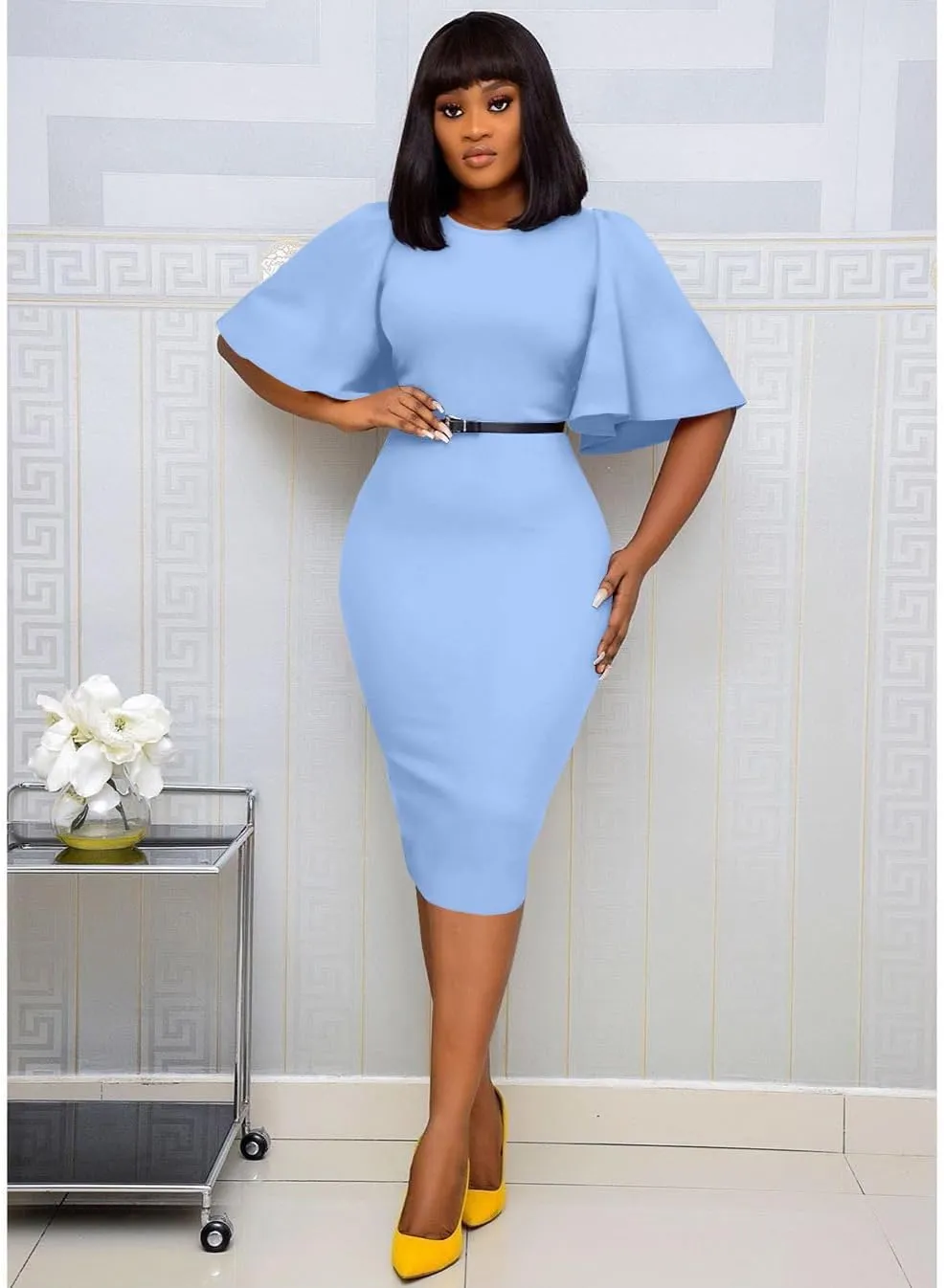 Memoriesea Women's Basic Bodycon Ruffle Flared Short Sleeve Pencil Midi Dress