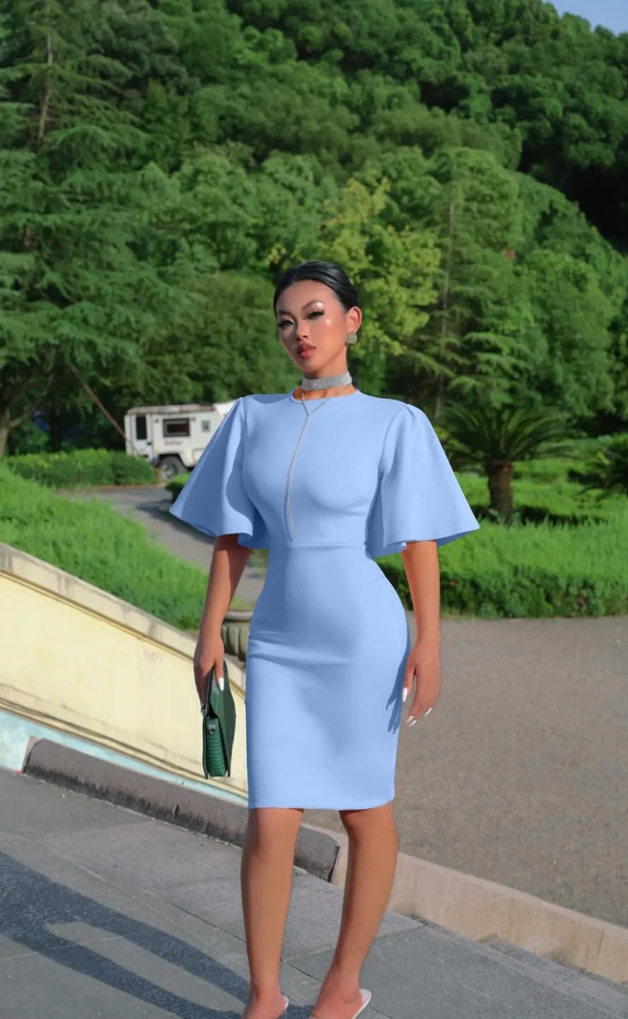 Memoriesea Women's Basic Bodycon Ruffle Flared Short Sleeve Pencil Midi Dress