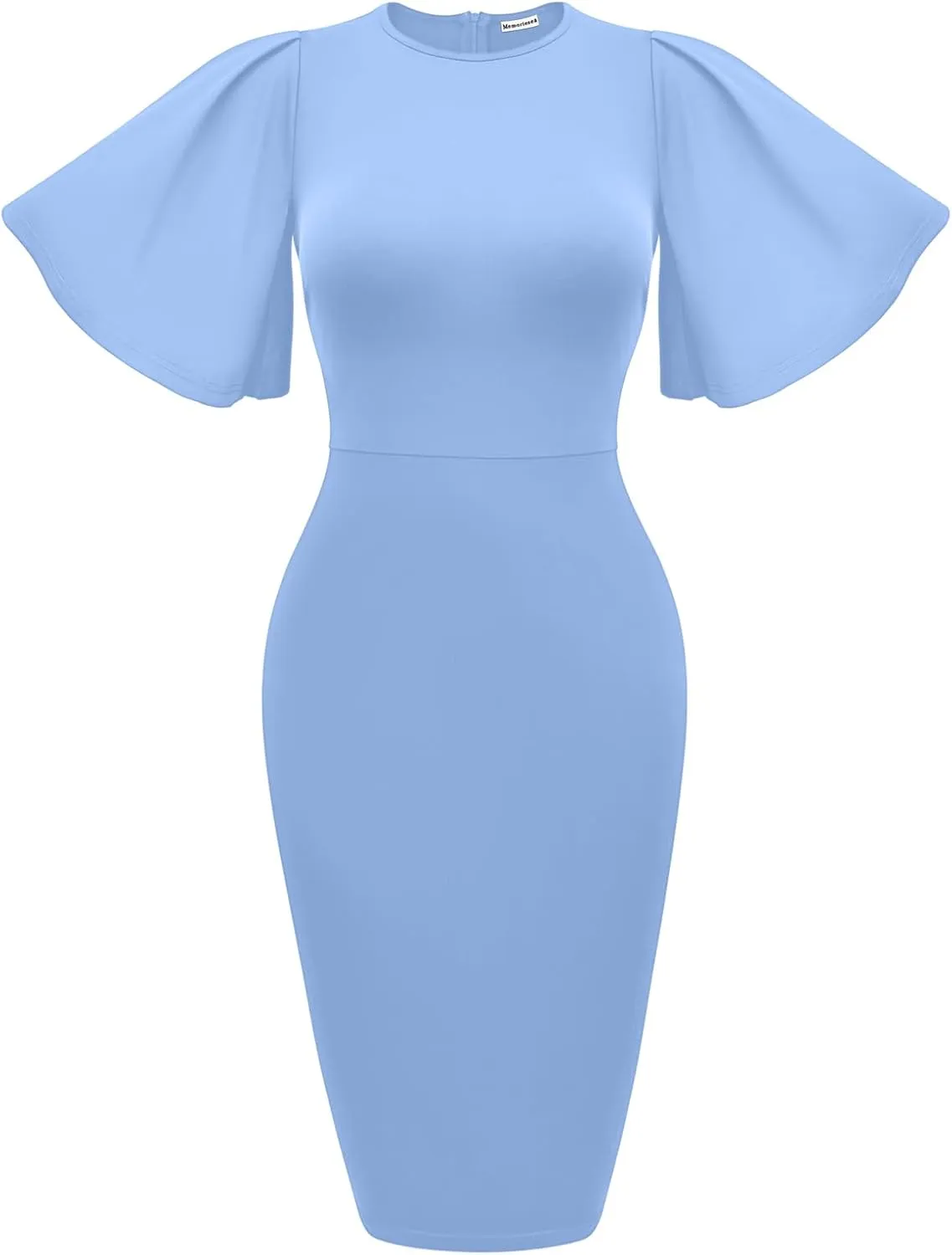 Memoriesea Women's Basic Bodycon Ruffle Flared Short Sleeve Pencil Midi Dress