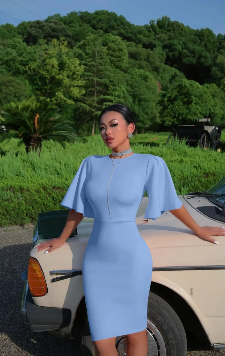 Memoriesea Women's Basic Bodycon Ruffle Flared Short Sleeve Pencil Midi Dress