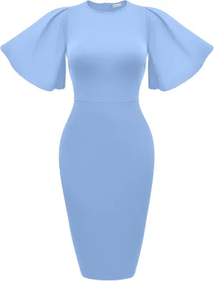 Memoriesea Women's Basic Bodycon Ruffle Flared Short Sleeve Pencil Midi Dress