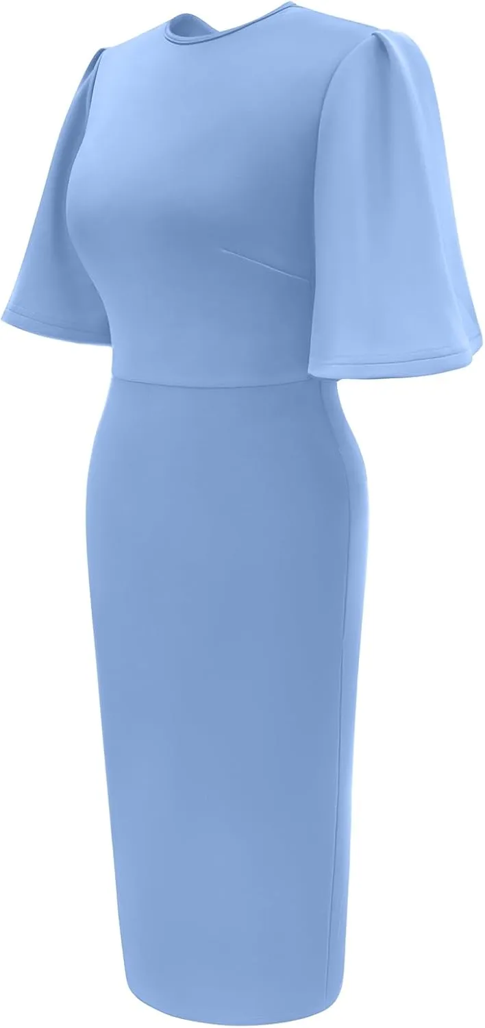 Memoriesea Women's Basic Bodycon Ruffle Flared Short Sleeve Pencil Midi Dress