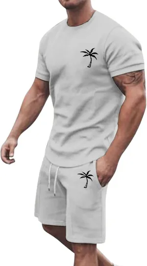 Mens 2 Piece Hawaiian Outfits Short Sleeve Casual T-Shirts and Shorts Matching Set Summer Beach Lounge Tracksuits Set