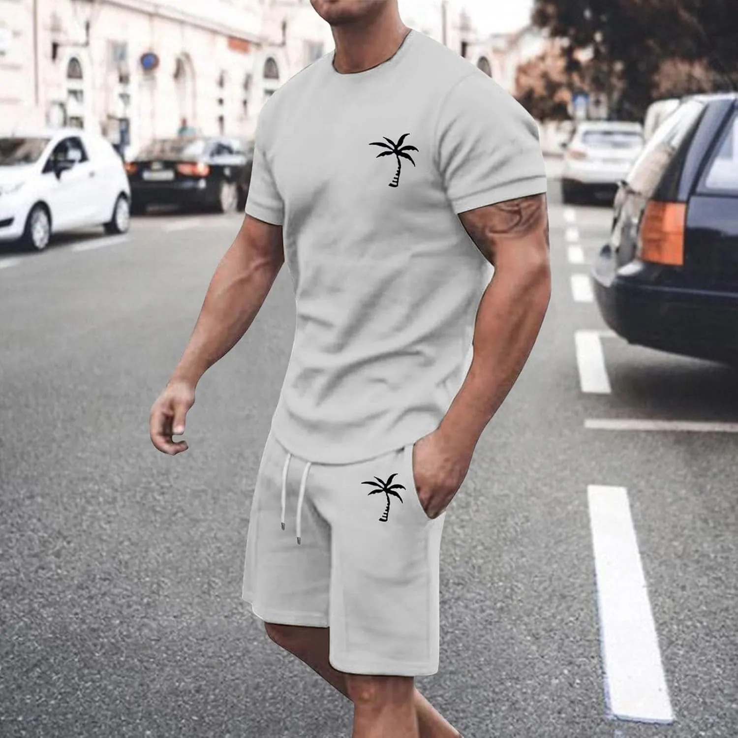Mens 2 Piece Hawaiian Outfits Short Sleeve Casual T-Shirts and Shorts Matching Set Summer Beach Lounge Tracksuits Set