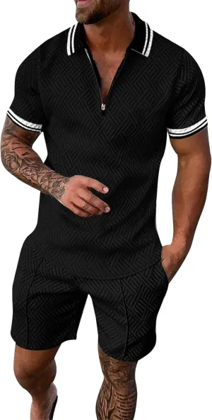 Mens 2 Piece Summer Outfits Short Sleeve Zipper Polo Shirt and Short Sets Stylish Gym Athletic Sports Tracksuits Sets