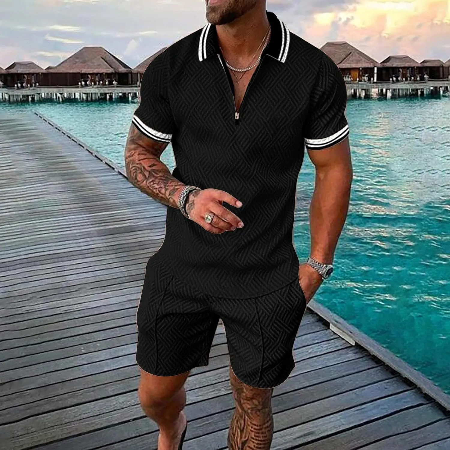Mens 2 Piece Summer Outfits Short Sleeve Zipper Polo Shirt and Short Sets Stylish Gym Athletic Sports Tracksuits Sets