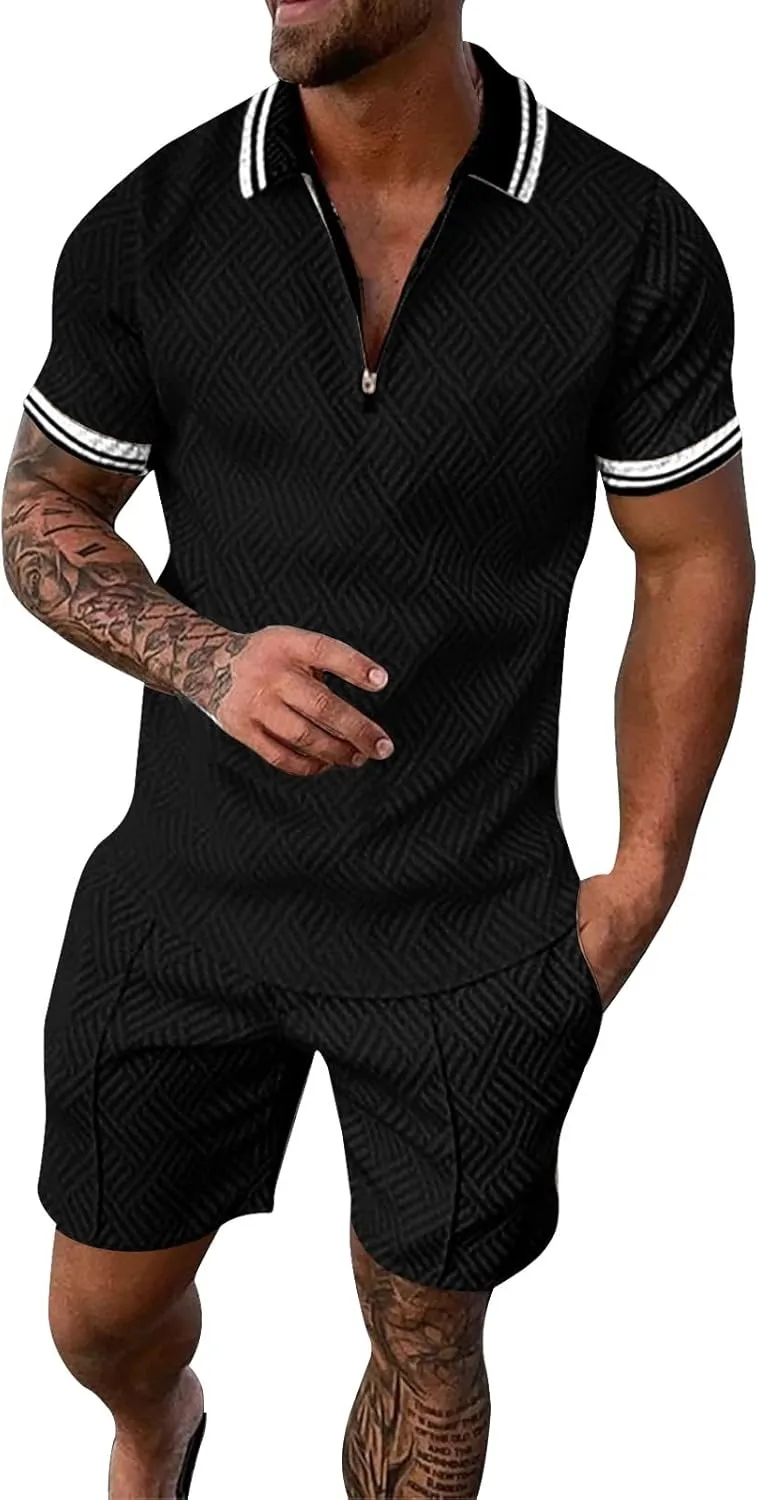 Mens 2 Piece Summer Outfits Short Sleeve Zipper Polo Shirt and Short Sets Stylish Gym Athletic Sports Tracksuits Sets